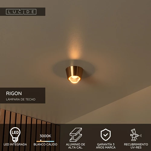 Lucide RIGON - Lámpara de techo - Ø 9 cm - LED - 1x7W 3000K - Oro mate / Latón - USP